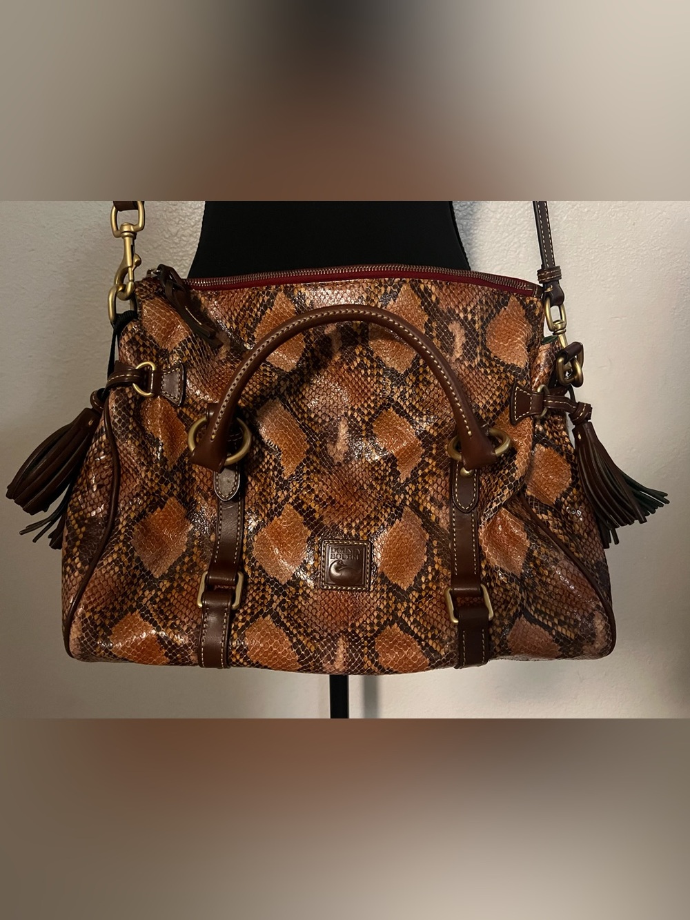 Dooney & Bourke Brown Snake-Print Leather Satchel with Gold Hardware